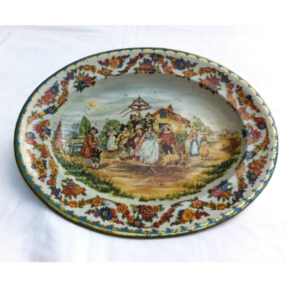 Vintage Boho Daher Ware Tin Metal Tray Oval Bowl